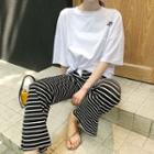Elbow-sleeve Lettering T-shirt / Striped Wide-leg Pants