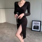 V-neck Slit Midi Bodycon Dress Black - One Size