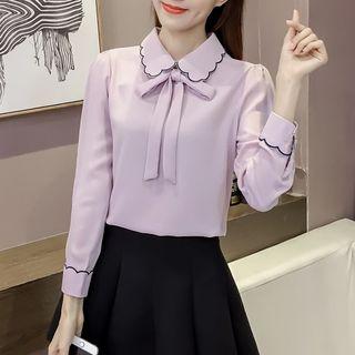 Scallop Trim Long-sleeve Chiffon Blouse