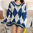 Color-block Check V-neck Loose-fit Sweater As Figure - One Size