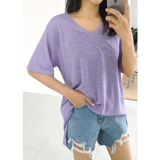 Plus Size - V-neck Linen Blend T-shirt