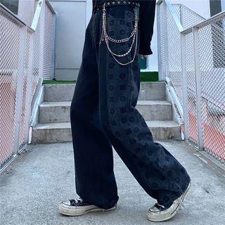 Printed Panel Straight Leg Jeans