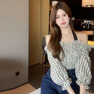 Cold-shoulder Plaid Blouse Plaid - White - One Size