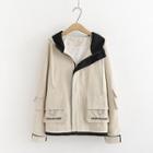Letter Embroidered Hooded Zip Jacket Khaki - One Size