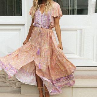 Short-sleeve V-neck Bohemian Style Long Dress