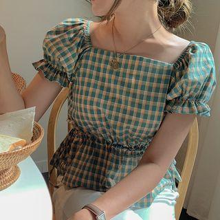 Puff-sleeve Plaid Top Green - One Size