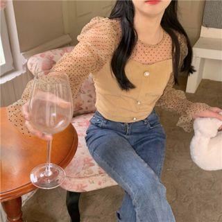 Long-sleeve Dotted Mesh Panel Top