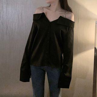 Long-sleeve Off-shoulder Chained Top Black - One Size