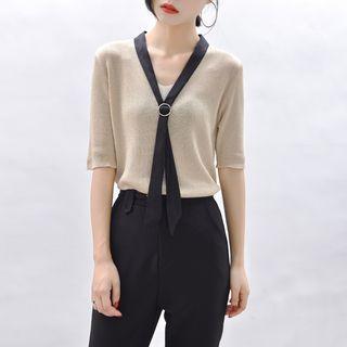 Short-sleeve Knit Top With Ribbon