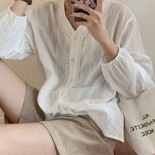 V-neck Balloon-sleeve Blouse White - One Size