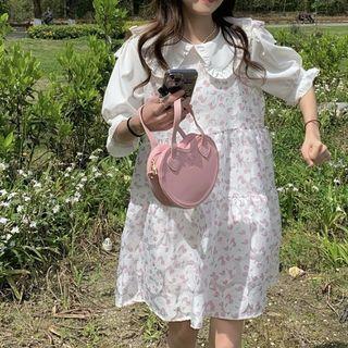 Short-sleeve Plain Blouse / Floral Overall Dress