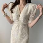 V-neck Ruffle Hem Short-sleeve Sheath Dress