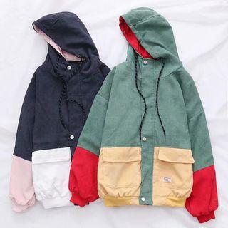 Color Block Corduroy Buttoned Hooded Jacket