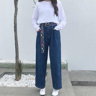 Print Belt High Waist Wide-leg Jeans