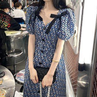 Puff-sleeve Bow-front Single Breasted Midi Dress Blue & Black - One Size