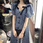 Puff-sleeve Bow-front Single Breasted Midi Dress Blue & Black - One Size