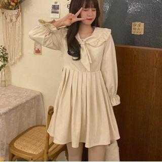 Long-sleeve Tie-neck Mini A-line Dress / Padded Zip-up Jacket / Scarf / Set