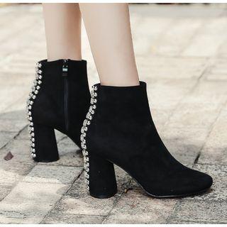 Rhinestone Beaded Back Chunky Heel Short Boots