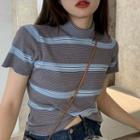 Short-sleeve Striped Knit Top Blue & Gray - One Size