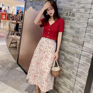 Set: Short-sleeve Knit Top + Midi Floral A-line Skirt