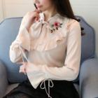 Long-sleeve Frill Trim Embroidered Chiffon Top