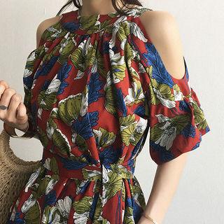 Elbow-sleeve Cut-out Shoulder Patterned Mini Dress With Sash