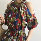 Elbow-sleeve Cut-out Shoulder Patterned Mini Dress With Sash