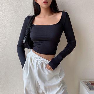Long Sleeve Plain Deep Square-neck Crop Top