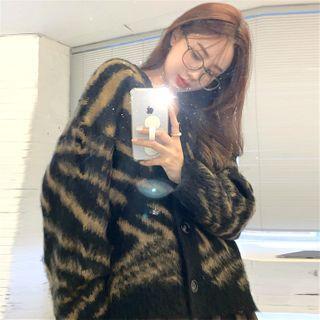 Zebra Print Loose-fit Cardigan Brown - One Size
