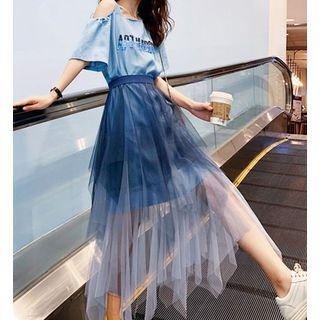 Set: Lettering Cold-shoulder Elbow-sleeve T-shirt + Midi A-line Mesh Skirt