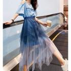 Set: Lettering Cold-shoulder Elbow-sleeve T-shirt + Midi A-line Mesh Skirt