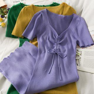 Deep V-neck Drawstring Knit Mini Dress In 6 Colors