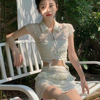 Short-sleeve Collar Crop Top / Mini Pencil Skirt