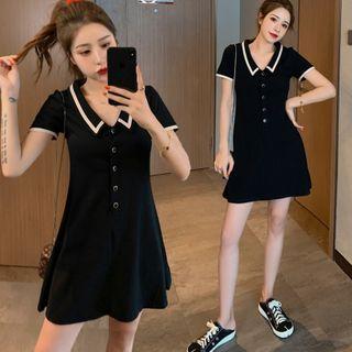 Contrast Trim Collared Short-sleeve Mini A-line Dress