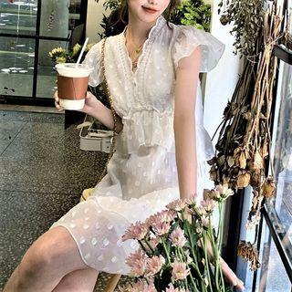 Cap-sleeve Ruffled Mesh Mini A-line Dress