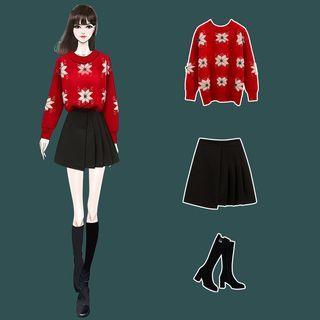Flower Print Sweater / Mini Pleated Skirt / Set