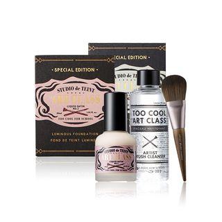 Too Cool For School - Art Class Studio De Teint (special Edition): Liquid Air/ Satin 30ml + Brush Cleanser 100ml + Mini Brush 1pc Satin #02 Porcelain