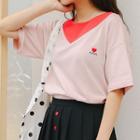 Elbow-sleeve Color Block Embroidered Heart T-shirt