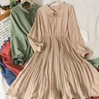 Round-neck Plain Ruffle Bow Pleated A-line Dress