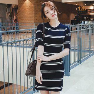 Short-sleeve Stripe Knit Sheath Dress
