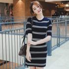 Short-sleeve Stripe Knit Sheath Dress