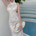 Sleeveless Print Side-slit Qipao Dress