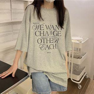 3/4-sleeve Lettering T-shirt Gray - One Size