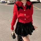 Long-sleeve Peter Pan Collar Bow Knit Cardigan / Velvet Mini Skirt