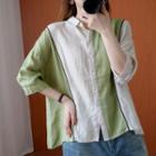 Contrast Color Elbow-sleeve Shirt