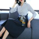Long-sleeve Striped Panel Midi A-line Dress