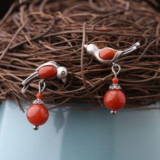 Bird Agate Sterling Silver Dangle Earring 1 Pair - Red - One Size