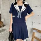 Set: Sailor Collar Short-sleeve Blouse + Pleated Skirt