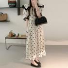 Short-sleeve Collared Polka Dot A-line Midi Dress Beige - One Size