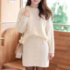 Set: Loose-fit Cable-knit Top + H-line Skirt Ivory - One Size